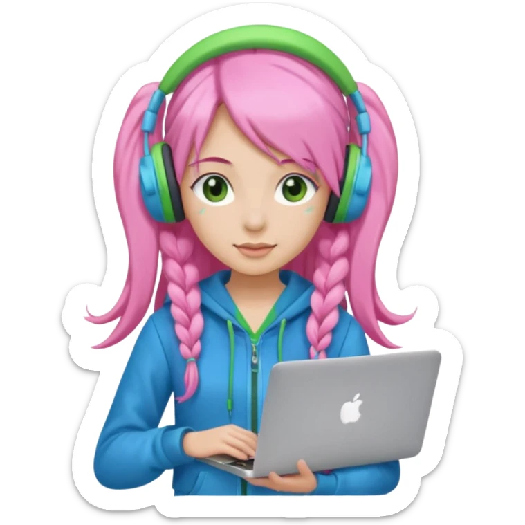 Create an emoji of a woman with long pink twin-tail hair. She is a game streamer, wearing green headphones, holding a MacBook, and dressed in a blue outfit. sticker