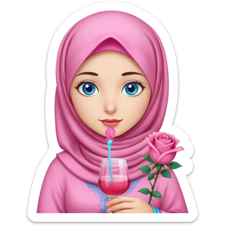 Turkish beautiful finish Konya girl blue eyes with pink hijab islamic dress and had on her hand rose mocktail sticker