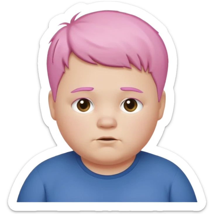 un nene blanco rellenito con pelo corto rosa,  con la sonrisa para abajo como edta ☹️ pero no enojado, la sonrisa caida las puntas para abajo como esta sonrisa ☹️ la sonrisa asi pero los OJOS mas felices, con las cejas color marron claritas sticker