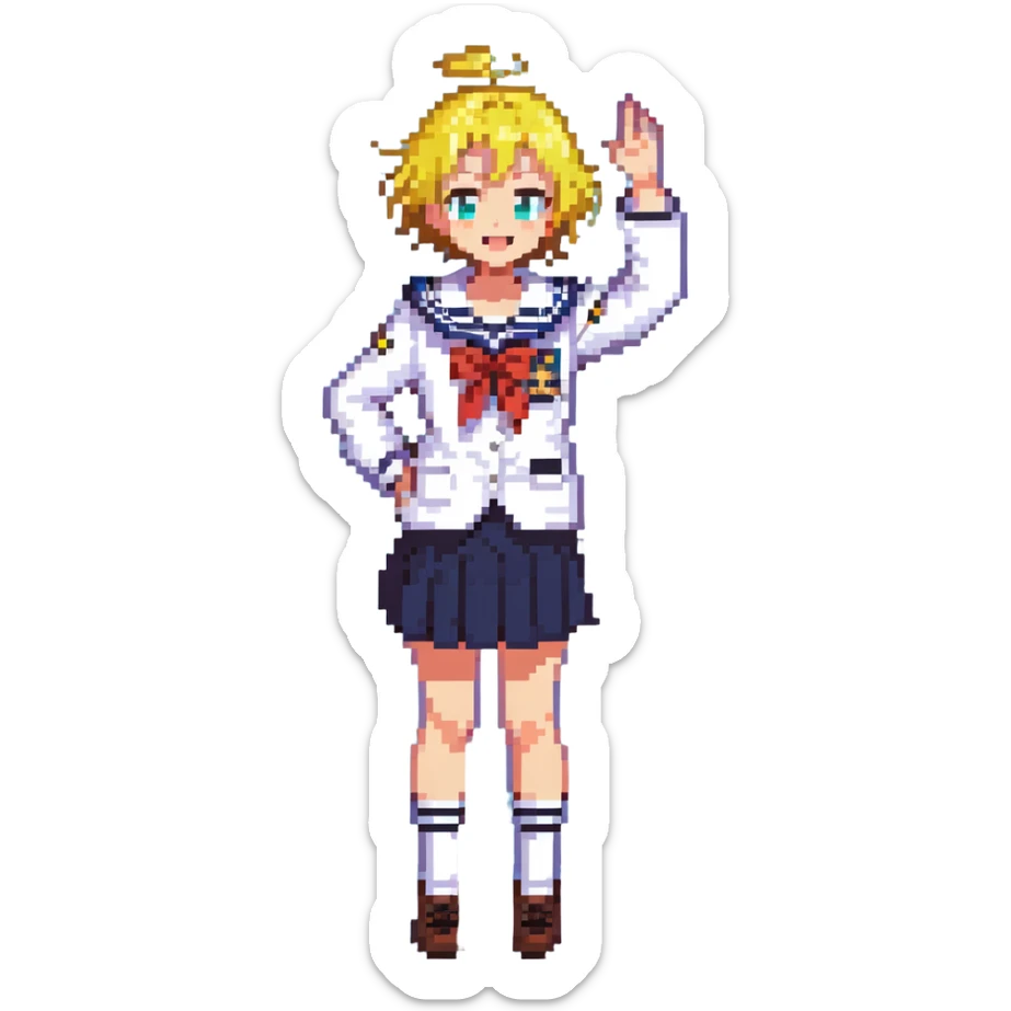 Pixel art anime girl with short bright yellow hair wearing Japanese sailor style school uniform, composed posture with hand on hip but energetically waving with other hand, excited smile and happy eyes sticker