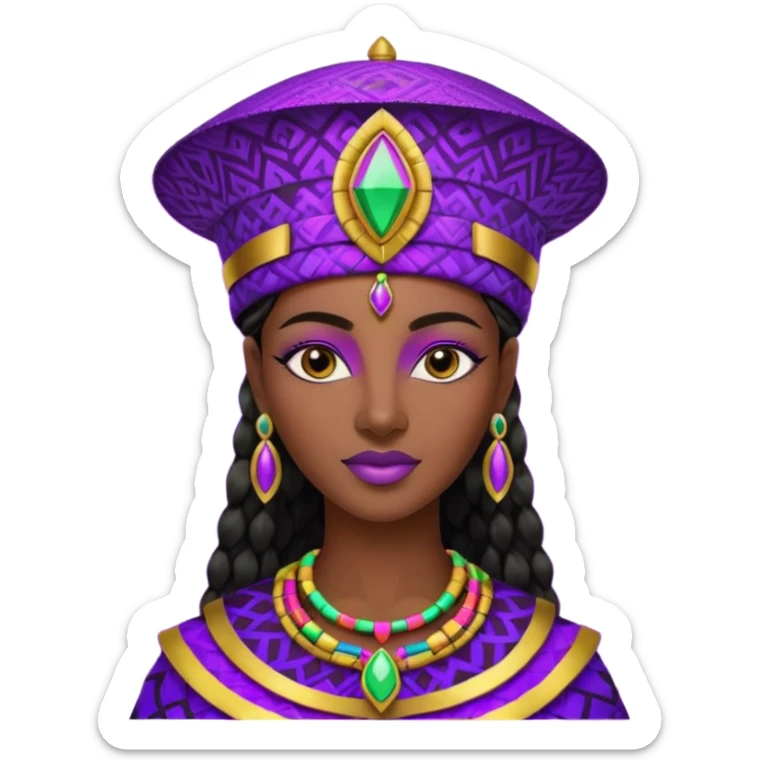 Create me an emoji of a beautiful Ethiopian Queen of Sheba wearing a neon purple gradient African patterns with metallic "isicholo" (a Zulu-inspired hat).  sticker