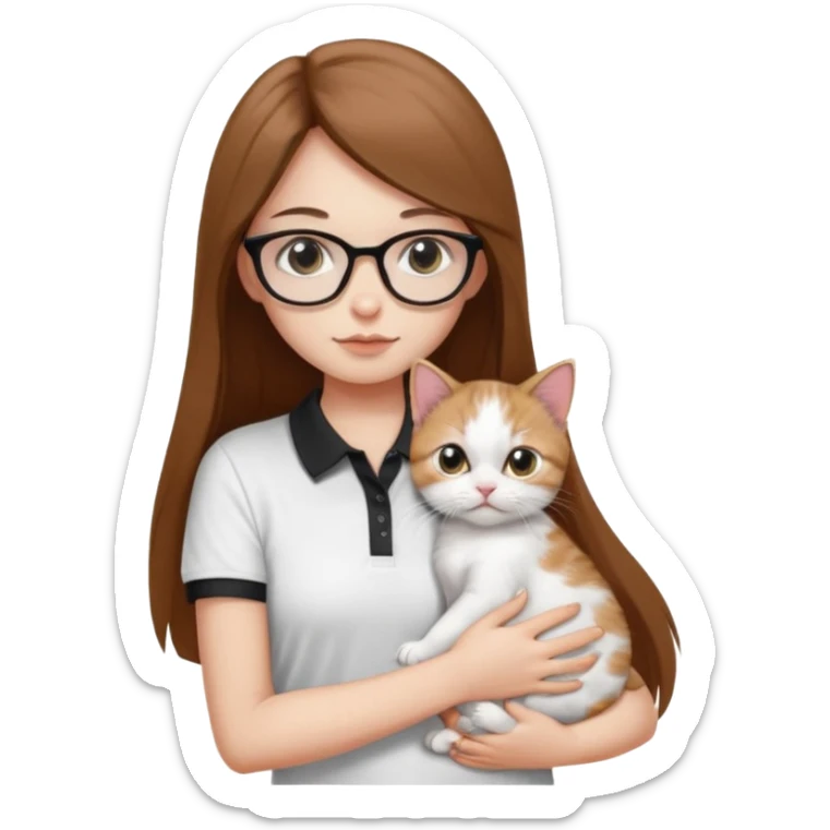 a girl with long brown straight hair, in a white a black polo t-shirt, with eyeglasses hugs a persian kitten 3 months old had a half spot black on her face and white one cat. emoji | AI Emoji Generator sticker