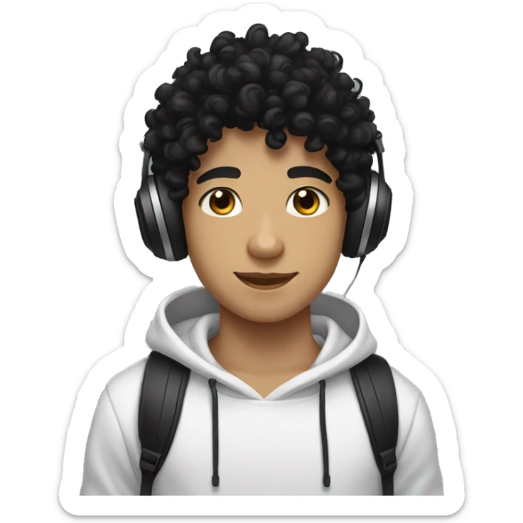 super curly black hair, white skin teen boy, black hoodie, headphones on neck  sticker