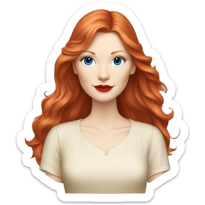 Kirsten Dunst, long red hair, blue eyes, pale skin, red lipstick, white t-shirt, beige skirt sticker