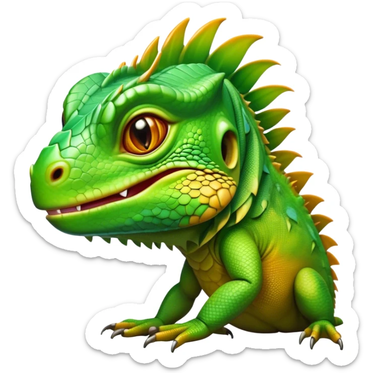Cinematic Realistic Cute Iguana Portrait Emoji, Head tilted playfully and inquisitively, featuring a compact, agile build with a glossy, intricately scaled body in vivid green hues and a characteristically expressive face with bright, curious amber eyes, rendered in lifelike detail with natural highlights, high shine, affectionate and lively, styled with a touch of tropical whimsy, soft glowing outline, capturing the essence of a mischievous yet lovable iguana that seems poised to scurry out of the screen into your arms! sticker