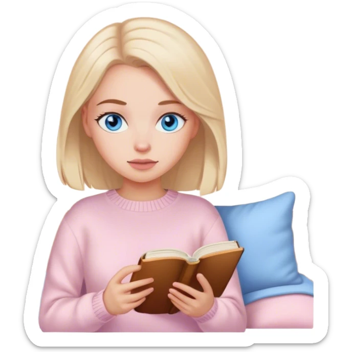 Pretty blue eyed white girl with light pink sweater reading cozy sticker