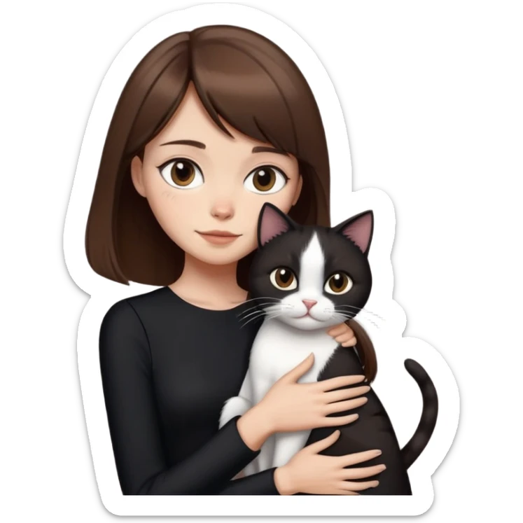 Linda mulher magra, cabelos castanhos médios com franja dividida ao meio, em vestido escuro, abraçando um gato preto e branco emoji sticker