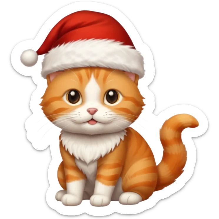 Make me a orange tabby cat with a white chin and a bit of white on the end of his tail with a Santa hat sticker