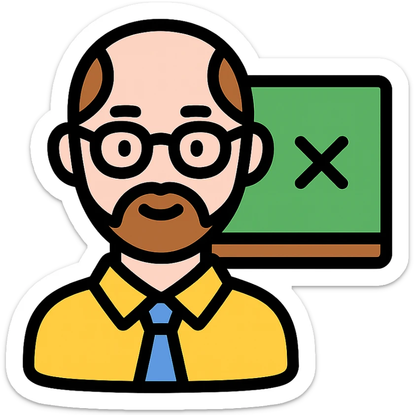 profesor con cabello muy corto, con entradas, barba muy fina y gafas, piel rosada, fondo blanco sticker