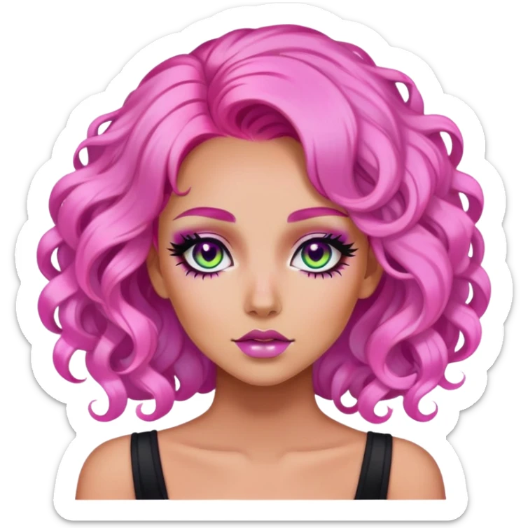 pink hair, baddie, pretty makeup, black eyeliner, long and curly hair, iridescent skin sticker