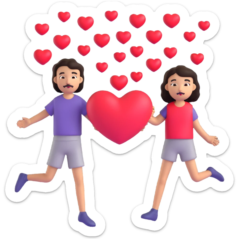 couple emoji: pale girl with long straight dark brown hair, no facial hair; tan boy with short black curly hair, small goatee and separate mustache; red hearts floating around sticker
