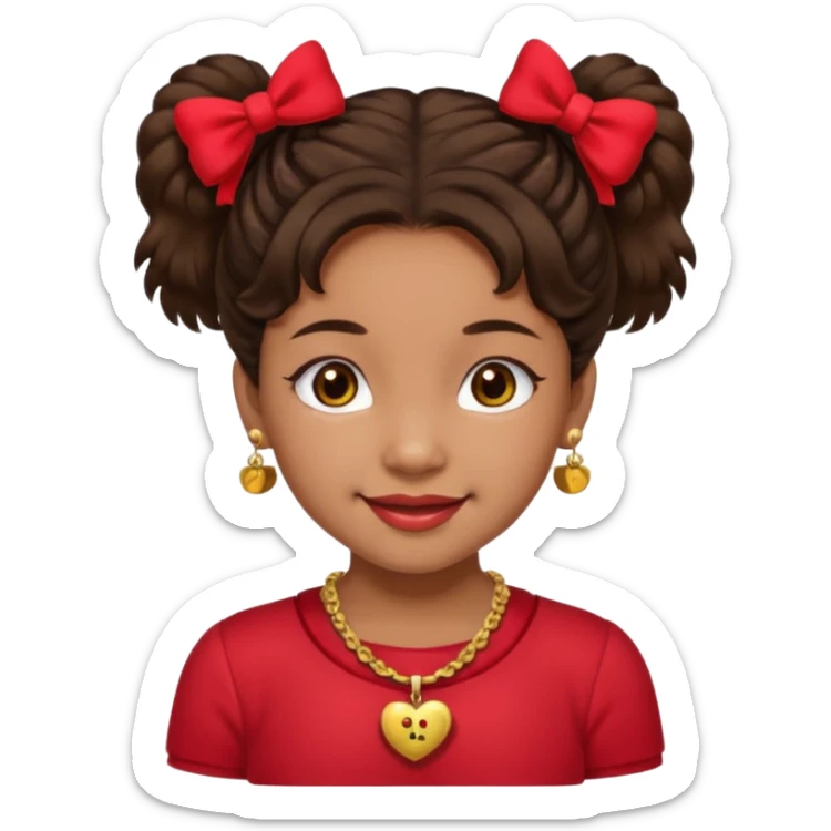 Brownskin girl dark brown hair fluffy. pigtails with red bows brown eyes smiling closed mouth red shirt gold esrrings gold necklace sticker