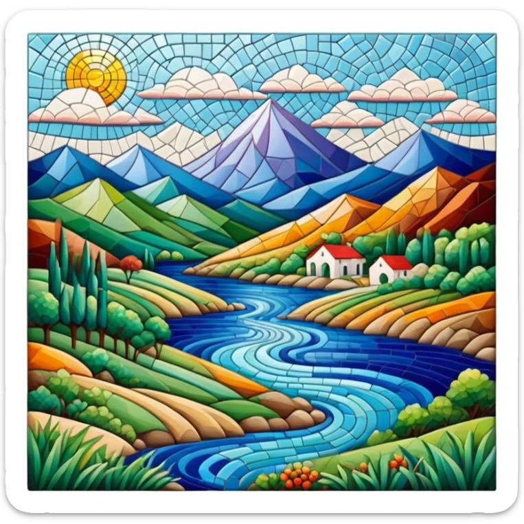 Mosaic art icon, colorful tiles forming a detailed picture of landscape, intricate patterns, some tiles in process of placement, minimalistic style, clean lines, transparent background. sticker