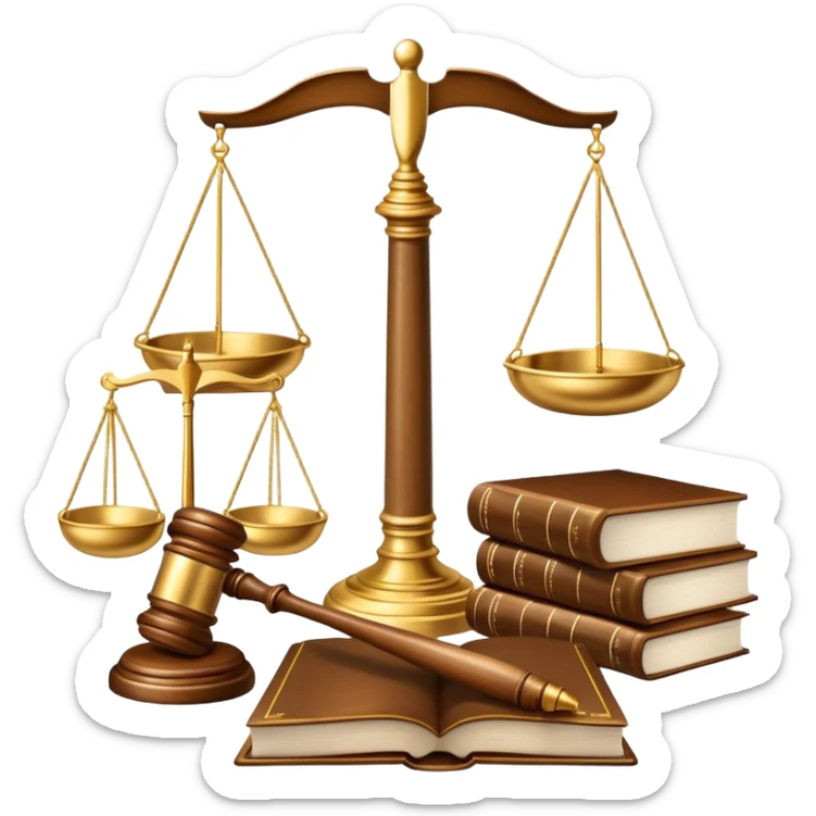 An icon featuring scales of justice, a gavel, and a legal book, symbolizing the study of law. The design includes courthouse pillars in the background, representing authority and legal systems. Transparent background highlights the principles of justice, order, and legal education. sticker