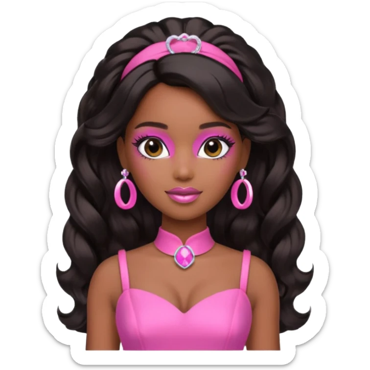 black barbie. half up half down hair, pink dress, perfect makeup and super pretty sticker