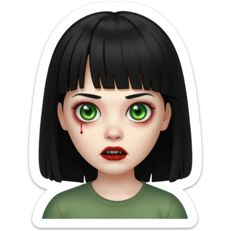 A zombie girl in Apple Memoji format with long, straight black hair and bangs. sticker