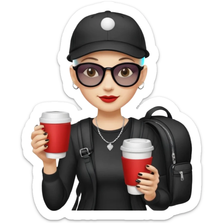 ["A happy woman with light skin, bald, wearing a baseball cap and sunglasses, dressed in goth fashion, is drinking coffee while holding a backpack."] sticker