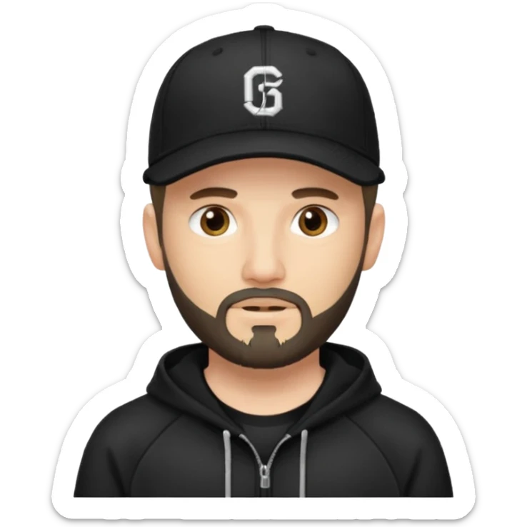 Hombre con la cara borrosa, con barba fina y perilla, gorra negra de baseball bordada con un 08, y sudadera negra sticker