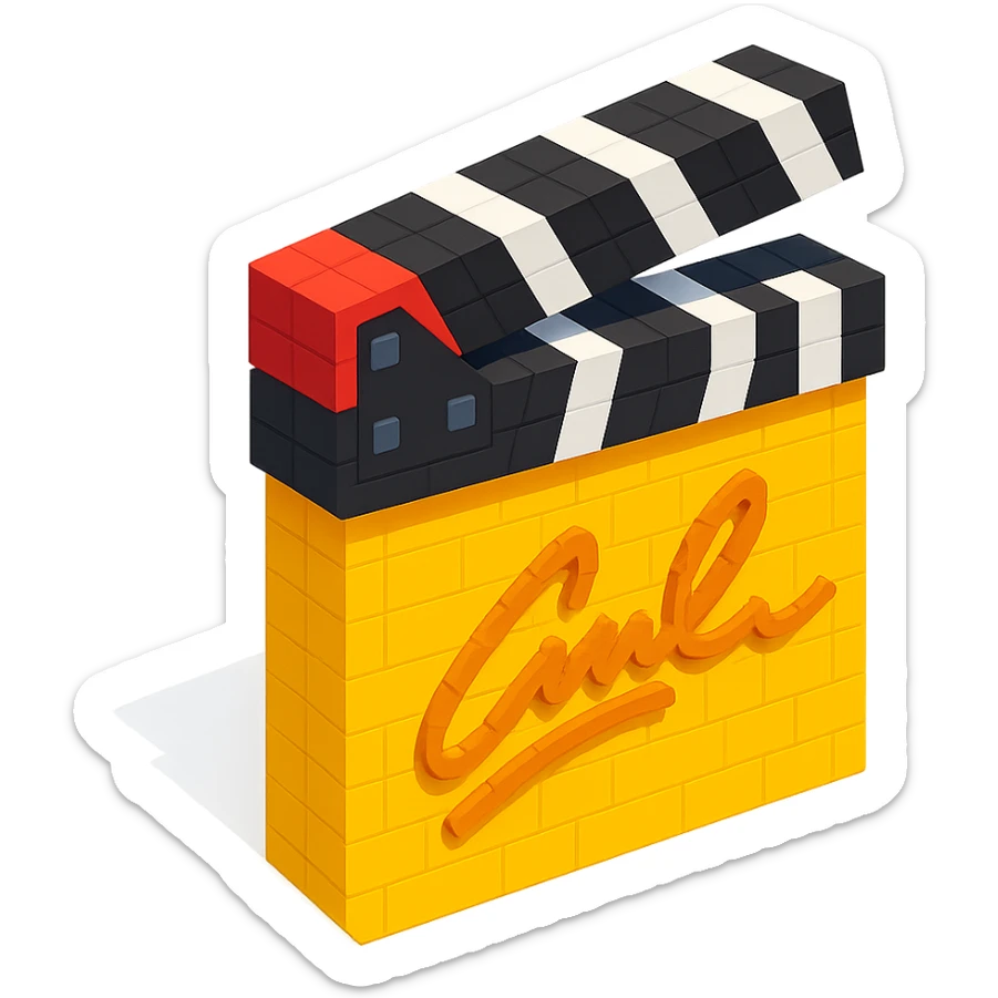 voxel style movie clapperboard with a gold director's signature, isometric view sticker