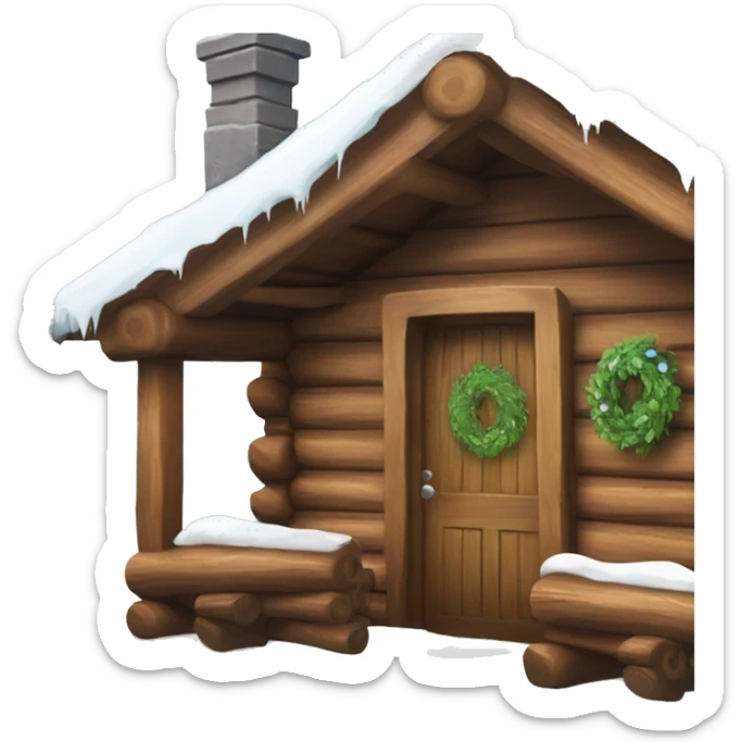 Log cabin in the snow with greenery around door and icicles hanging off roof  sticker
