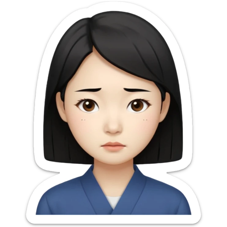 Korean woman, East Asian features,
female human face avatar, headshot,
slightly uncomfortable expression,
subtle frown, tired eyes,
sensitive and delicate mood,
neutral face, minimal expression,
simple black hair,
clean background,
professional, minimal style sticker