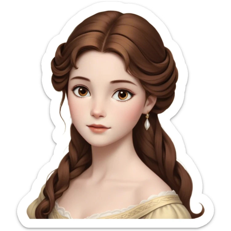 Cinematic Realistic Belle Portrait, depicted with lifelike skin texture, soft natural lighting, and intricately detailed brown hair styled elegantly. Her deep, expressive eyes exude warmth and intelligence, complemented by a serene and graceful expression. She is dressed in her classic attire, with rich fabric textures and delicate folds that catch the light beautifully. The portrait features a soft, enchanting glow with a natural, radiant finish, capturing the essence of timeless beauty in a realistic and painterly style, evoking a sense of depth and authenticity. sticker