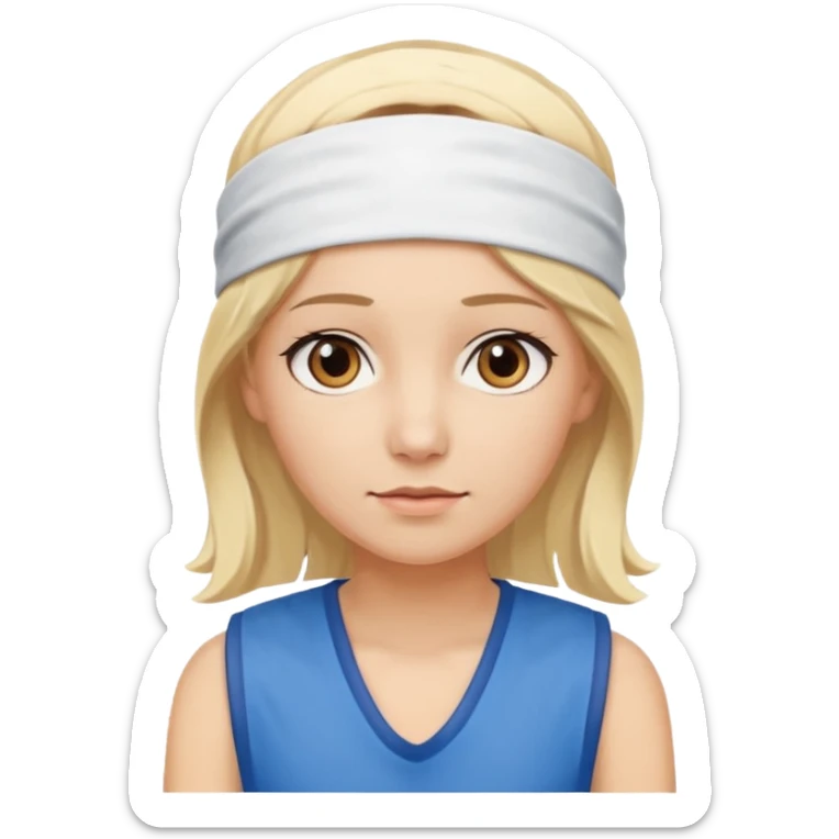 A 3D avatar of a blonde woman, who has brown eyes, is wearing a blue vest and a white headband on her head. She is looking straight at the camera. sticker