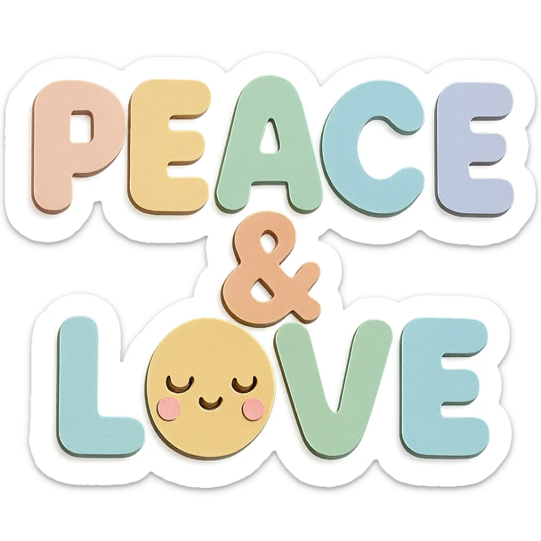 "Peace & Love" soft pastel rainbow rounded bold letters, kawaii cute font, no border, transparent background sticker