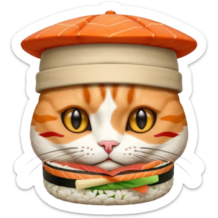 cat with its fingers crossed wearing a hat made out of sushi sticker