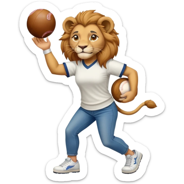 confident anthropomorphised female lion wearing a baseball shirt, jeans, and trainers, lifting an object sticker