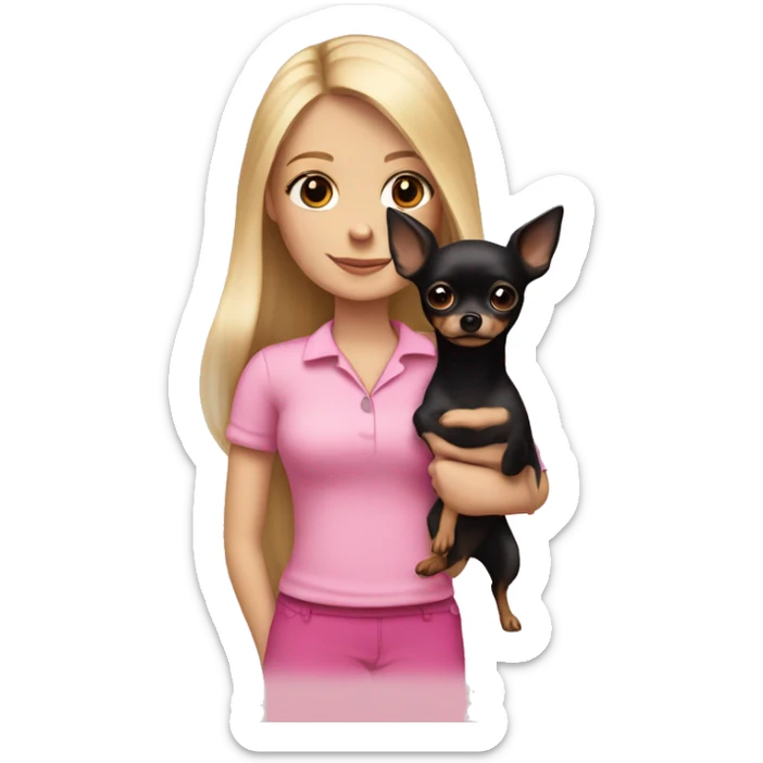White girl with medium straight blonde hair wearing a pink shirt holding a long haired black chihuahua wearing a pink bow sticker