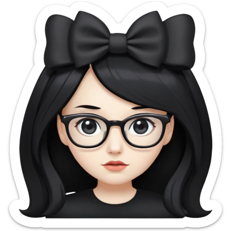 Pale white skin, long black hair, wearing a bow on her hair, black eyes, wearing a black shirt, wearing glasses sticker