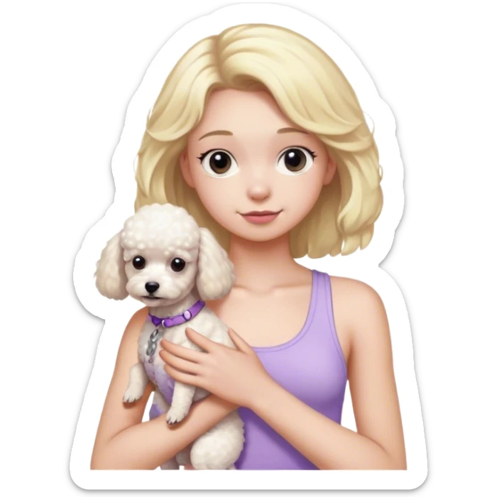 Blonde haired teenager wearing light purple tank top holding a white small poodle sticker