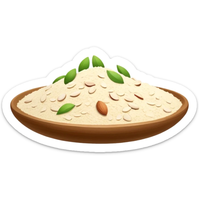 small mound or loose scatter of pale ivory almond flour, fine slightly grainy texture, matte finish, soft and airy, natural beige tones, finely ground blanched almonds, no bowl, scoop, or packaging, just the flour, soft lighting, subtle shadows, emoji scale sticker