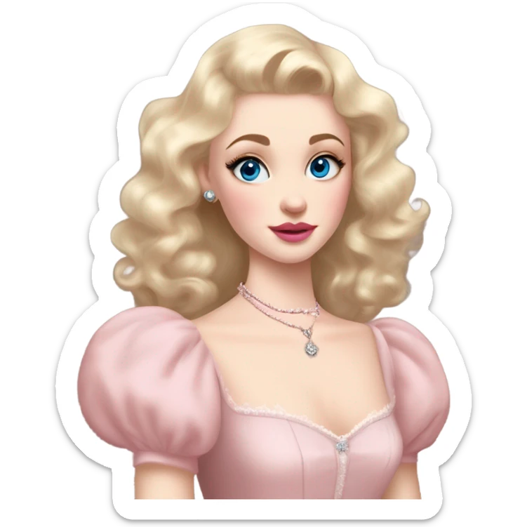 girl blonde hair pale skin blue eyes. Pink lips blush Smokey eye (but not too much). Vintage blowout with long hair not too curly.  light pink princess dress, puffed sleeves, dainty choker necklace (think Versailles but not too much). Striking beauty sticker