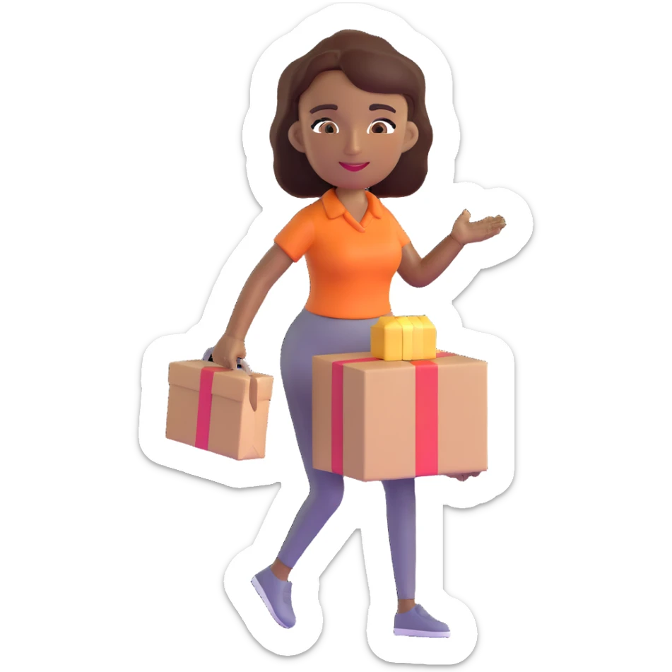 mujer de piel morena entregando un paquete pequeño, fondo simple sticker