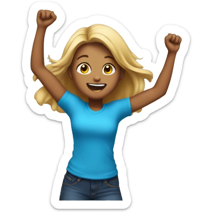 Girl jumping in celebration, showing her from behind, just from the hips to the head, light dark skin and blue T-shirt sticker
