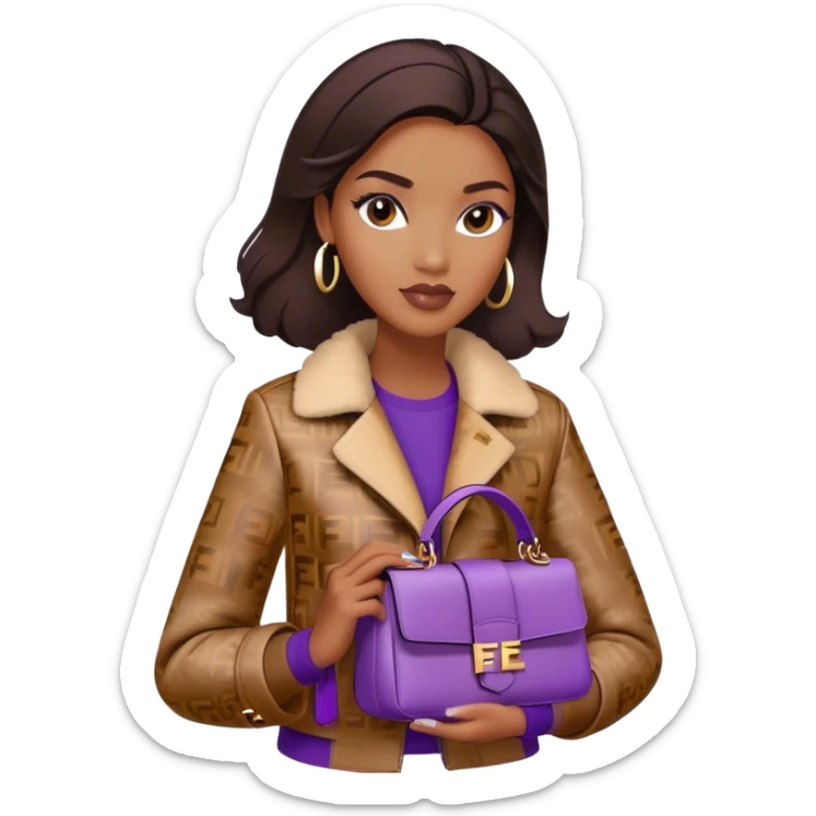 Beautiful black woman wearing a brown monogram Fendi jacket and carrying a purple Fendi baguette bag. I want the image to start at her head and end at the waist sticker