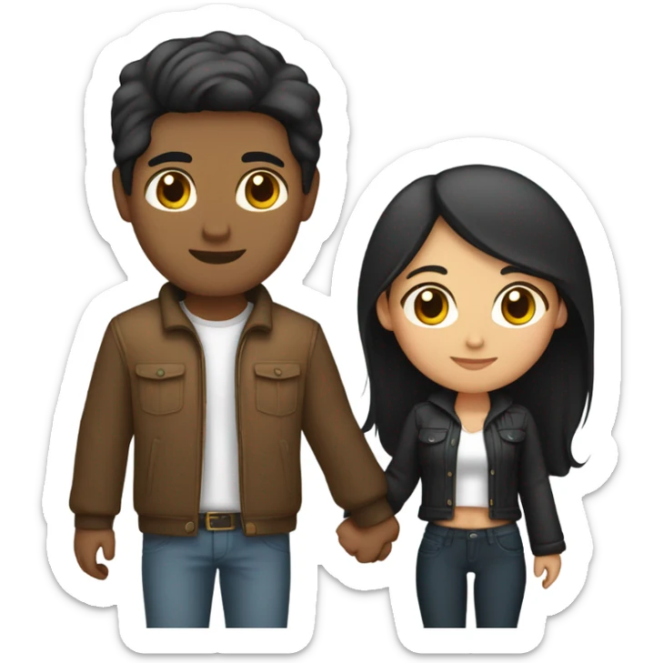a couple holding hands. the guy has black middle part hair and is Persian and Filipino mix, wearing a jacket. the girl has brown hair white and asian mix, wearing a crop top. sticker