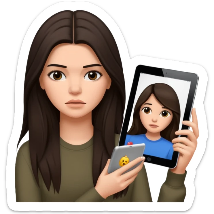 bored and sad brunette  Kendall Jenner with long hair holding iPad emoji sticker