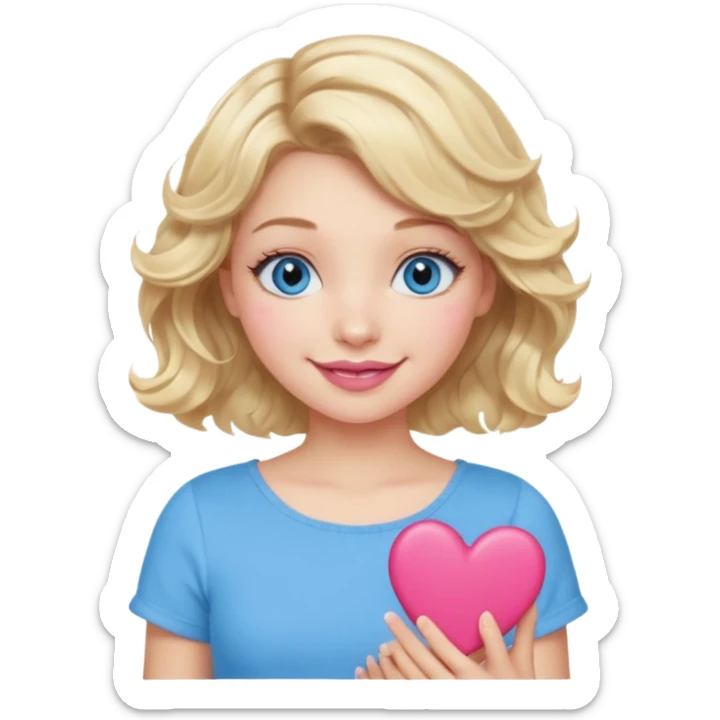 Girl Blonde short wavy hair,  blue eyes, cute blue top, long lashes, pink lips, smiling, holding hearts sticker