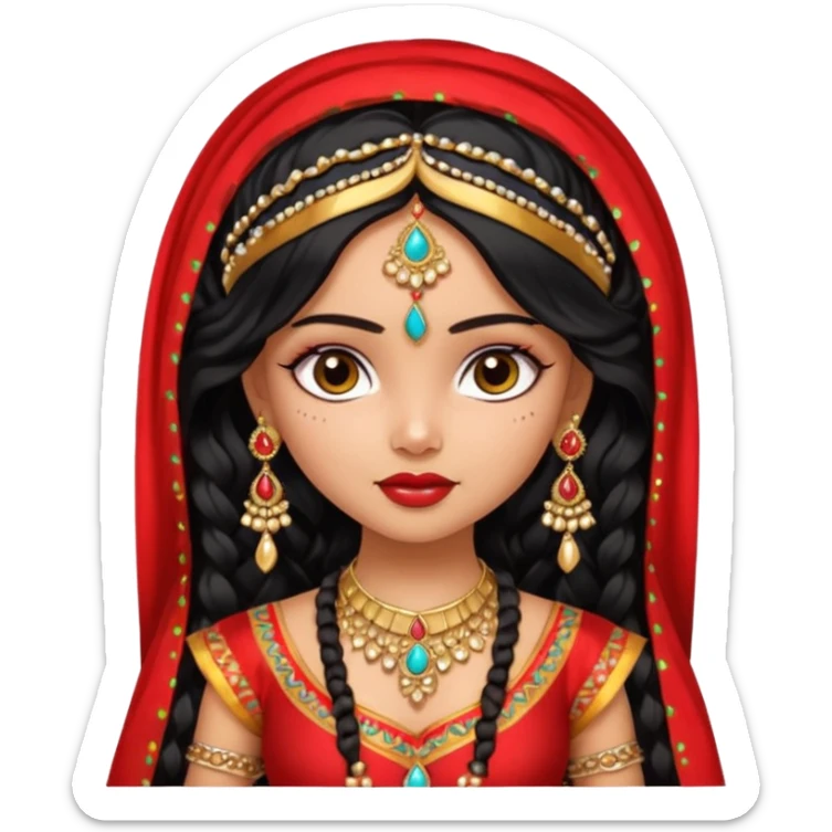 a pretty bratz fair indian girl wearing a red indian wedding outfit with dupatta on head,  golden jewellery, black wavy hair sticker