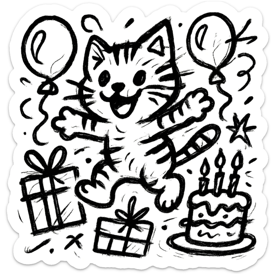 chaotic outlined icon of a happy tabby kitten jumping among balloons, birthday cake, and gift boxes, with wild, scribbled lines sticker