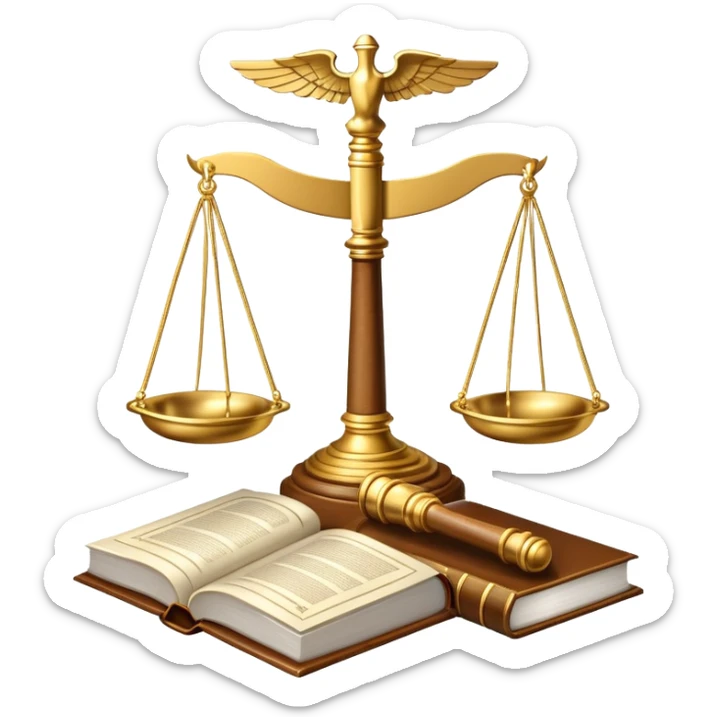An icon featuring scales of justice, a gavel, and a legal book, symbolizing the study of law. The design includes courthouse pillars in the background, representing authority and legal systems. Transparent background highlights the principles of justice, order, and legal education. sticker