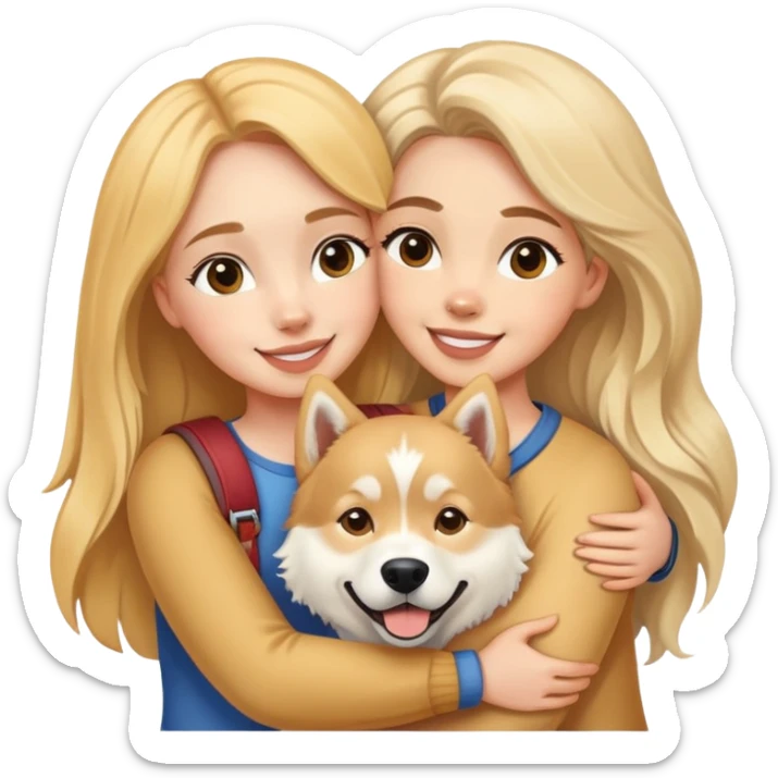 A white girl happily hugs a golden retriever and a husky sticker