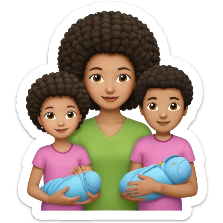 Family with a dark woman only with an afro hairstyle and a green shirt, two children: a boy with straight hair and a blue shirt, and a baby girl in a pink shirt. All are smiling. sticker