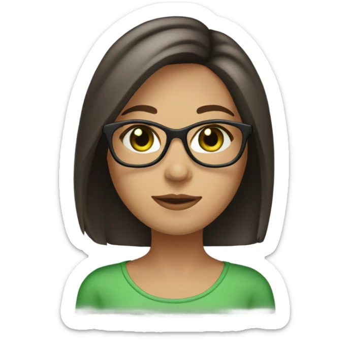 Girl with Longbob dark Brown Hair and highlights in front of the hair and she wears glasses and has green eyes sticker