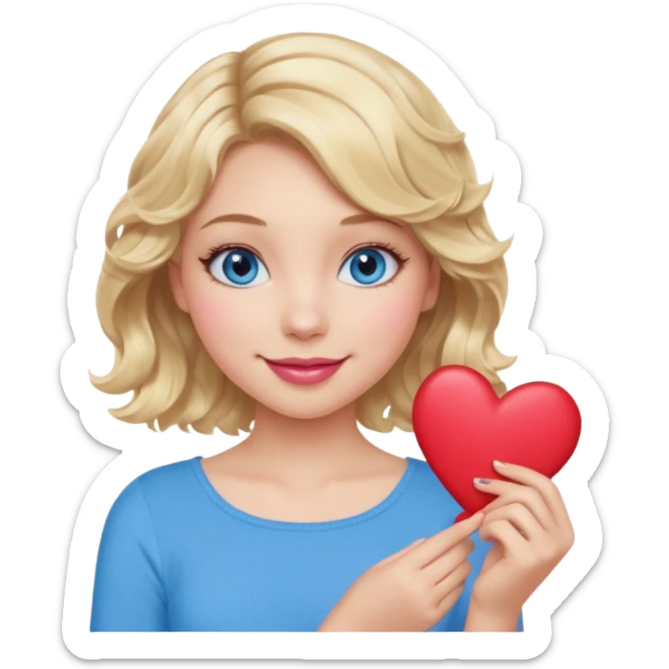 Girl Blonde short wavy hair,  blue eyes, cute blue top, long lashes, pink lips, smiling, holding hearts sticker