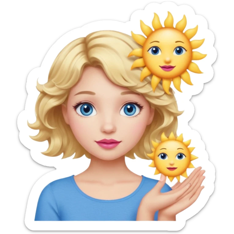 Girl Blonde short wavy hair,  blue eyes, cute blue top, long lashes, pink lips, holding the one sun   sticker