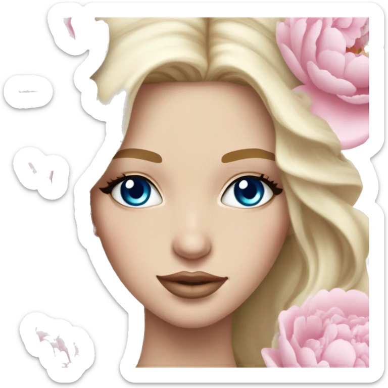 White bride with long light blonde hair and blue eyes with light pink peonies in hair white skin light pink lips sticker